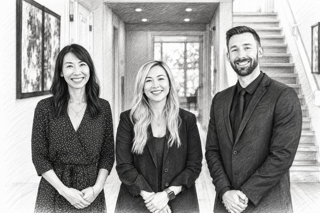 Three professionals standing together in a bright interior.