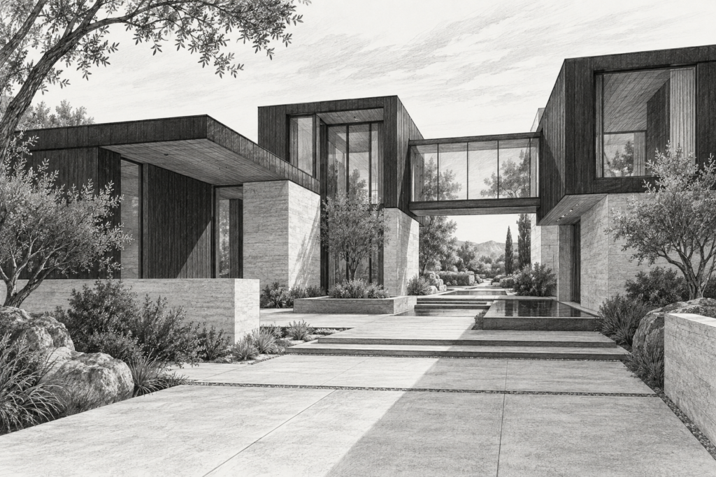 Luxury Real Estate Ai Workflow Automation Beyond The Crm 1 Residence with stacked pavilions, a central bridge, and service court.