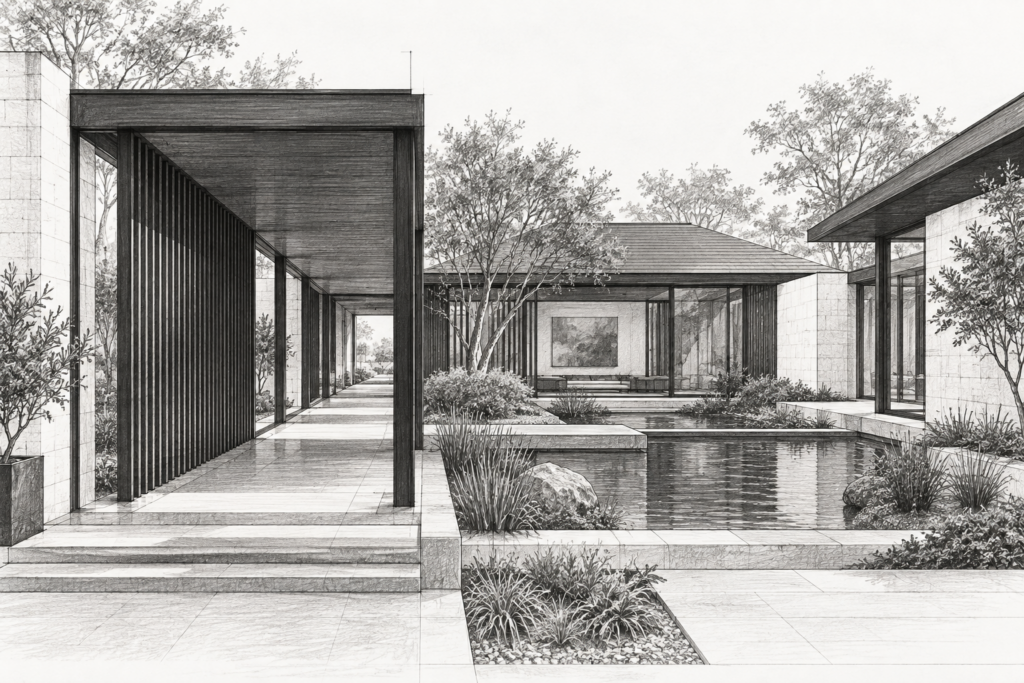 Luxury Real Estate Post-Closing Retention Strategies That Scale 1 Residence of connected pavilions arranged around planted courtyards with a screened gallery and water garden.