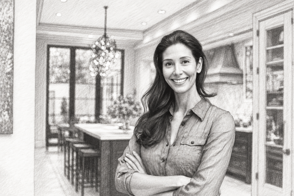 Strategic Breaks For Real Estate Team Productivity 1 Smiling woman standing with folded arms in a dining room.