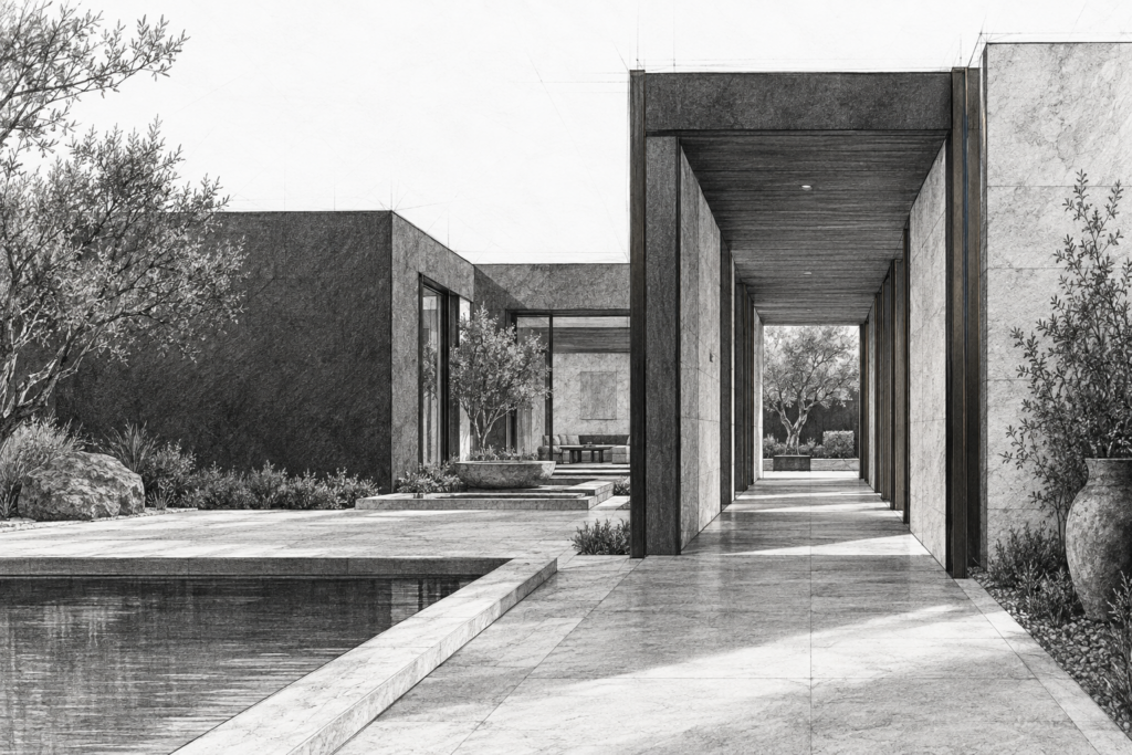 Residence with a long stone spine, three courts, and covered workroom.
