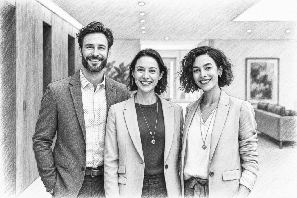 Mindfulness Systems For Elite Real Estate Agents: Pressure To Profit 1 Three professionals standing together in a bright interior.