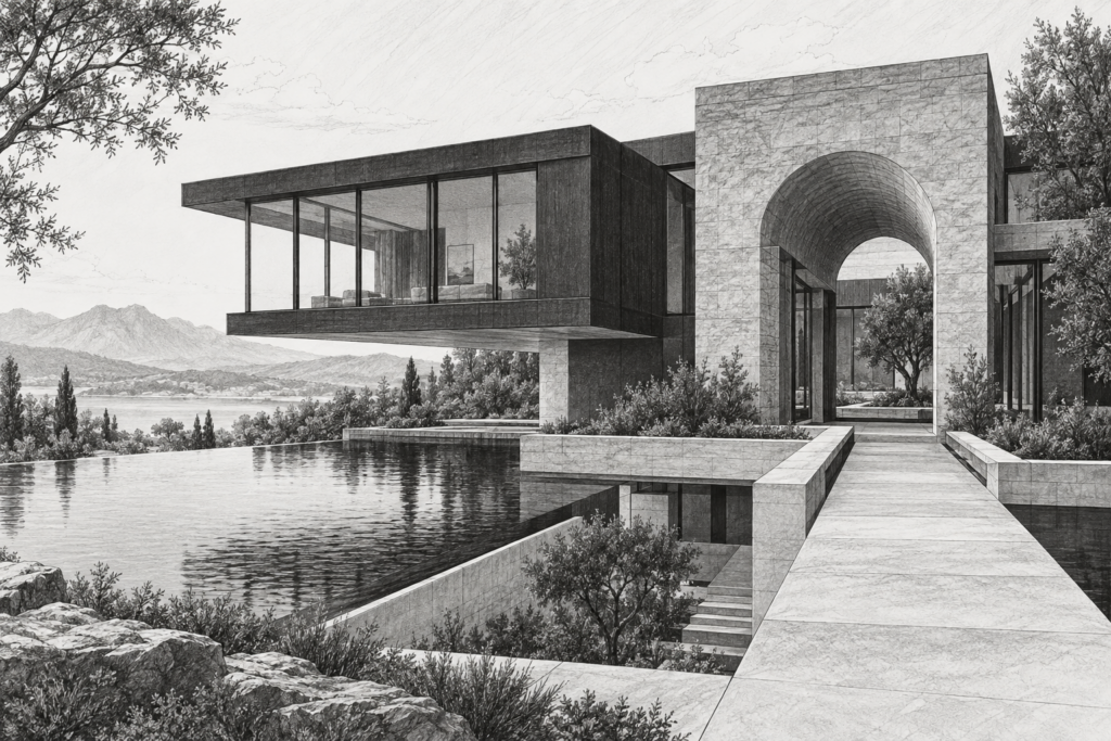 Residence with a split-level courtyard, stone vault, and cantilevered wing.