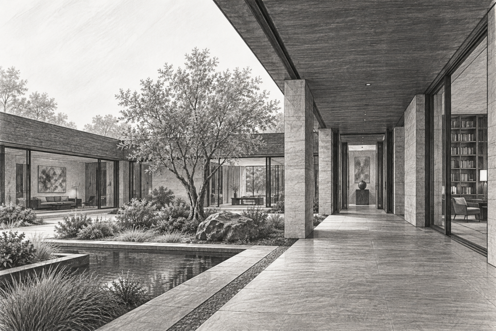Low residence arranged around a planted courtyard ring with a covered gallery and garden room.