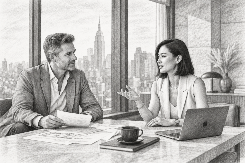 Man and woman discussing papers at a table with a city view.