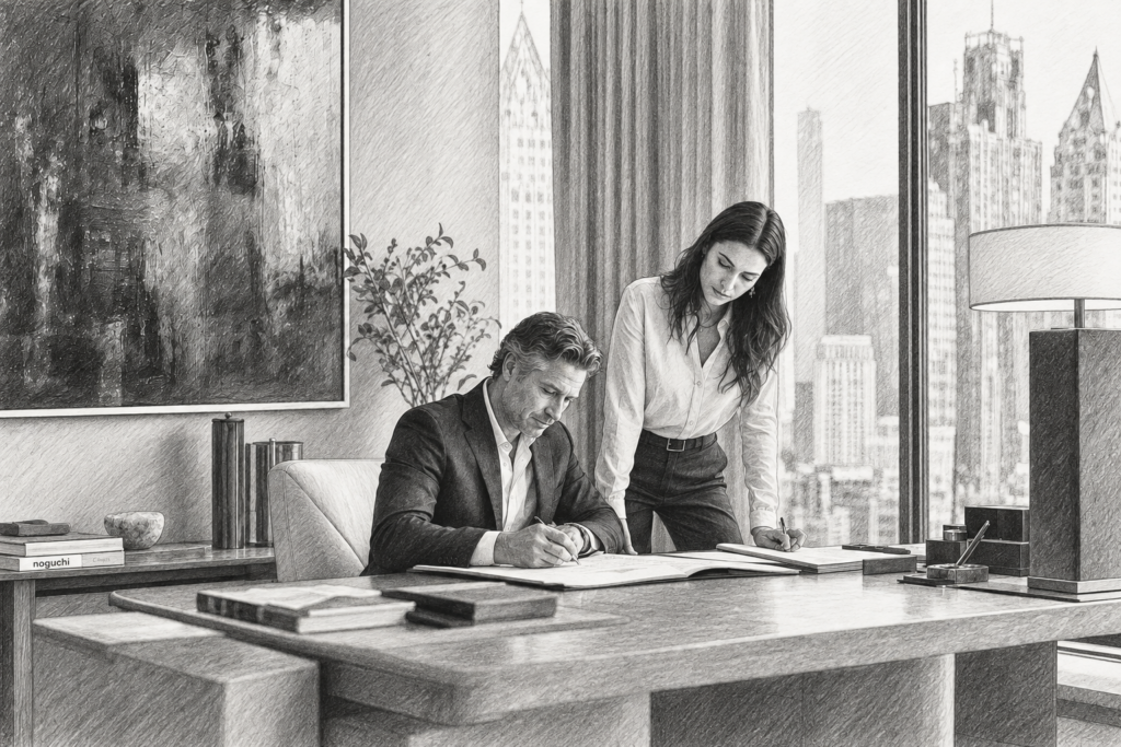 Two people working at a table in a bright glass-walled interior.