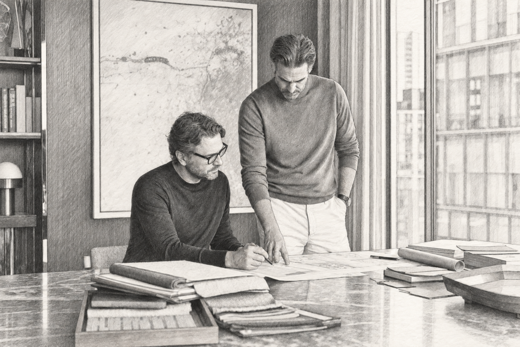 Luxury Real Estate E&Amp;O Insurance Limits Above $30M 1 Two people reviewing papers together at a table in a bright interior.