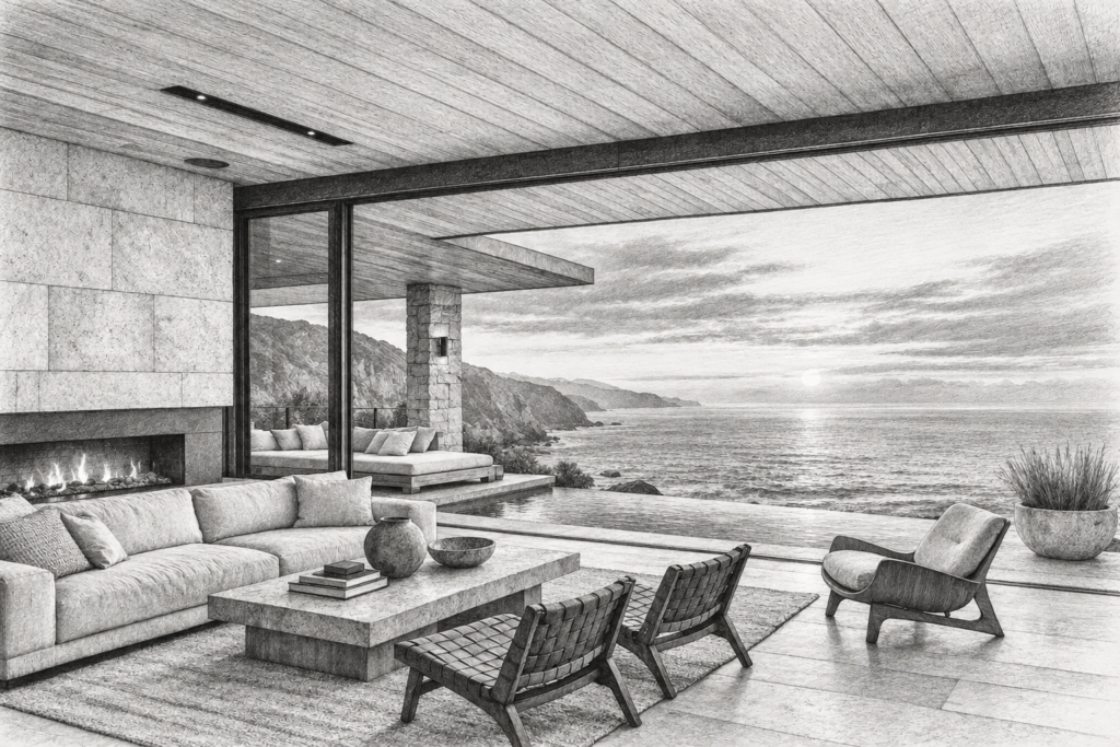 Luxury Real Estate Referral Systems Before Closing 1 Expansive living room with fireplace and ocean view.