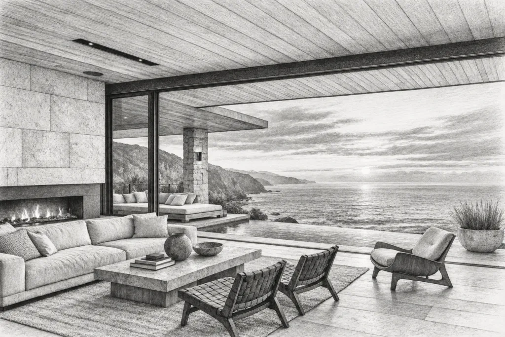 Expansive living room with fireplace and ocean view.