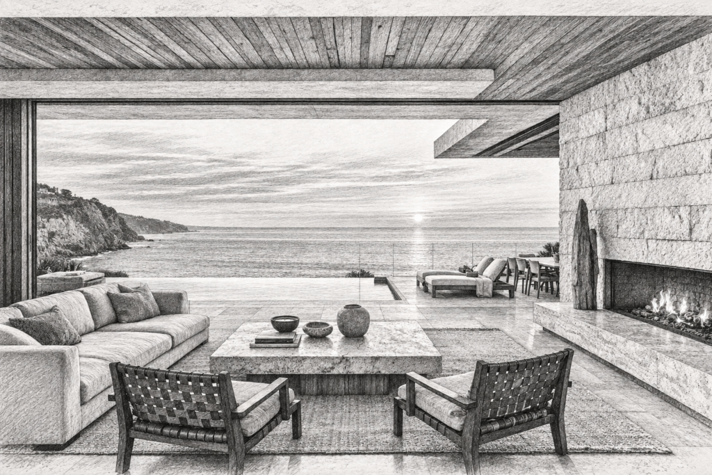22-Hour Rule: Real Estate Leader Weekly Calendar 1 Open living room with a fireplace, seating and an ocean view.