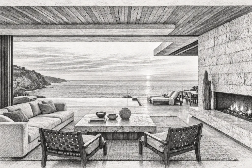 Open living room with a fireplace, seating and an ocean view.