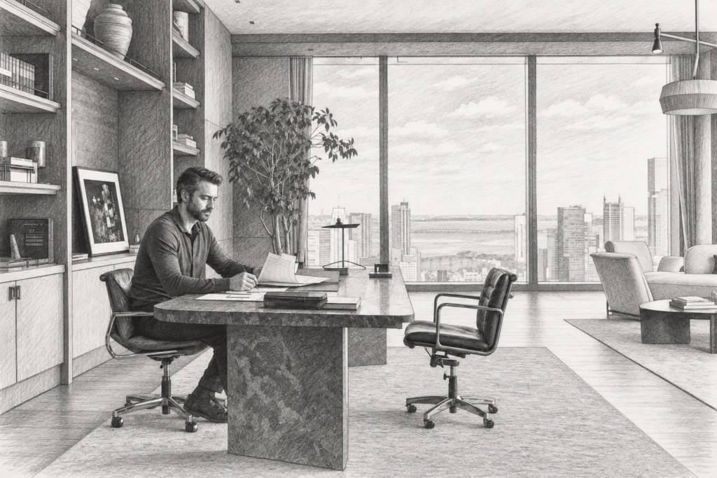 Annual Detachment Real Estate Producers: Two-Week Vanish 1 Person seated at a desk in a study with a large window.