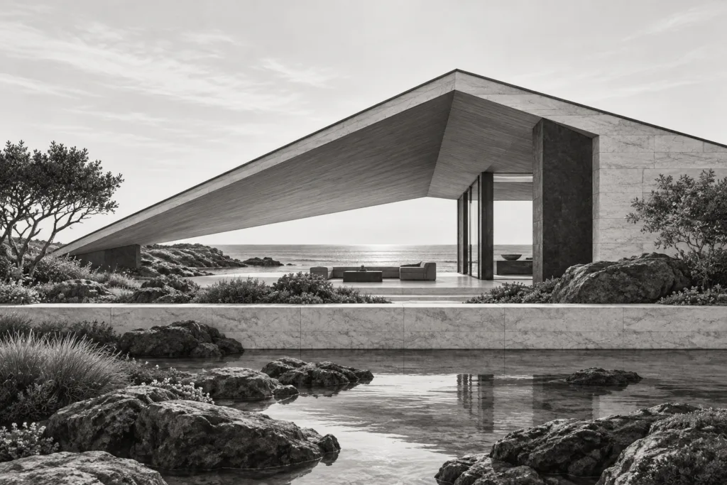 Control Outcomes: Luxury Real Estate Team Negotiation Playbook 1 Low coastal residence with a triangular roof plane opening toward a sea horizon and tide garden.