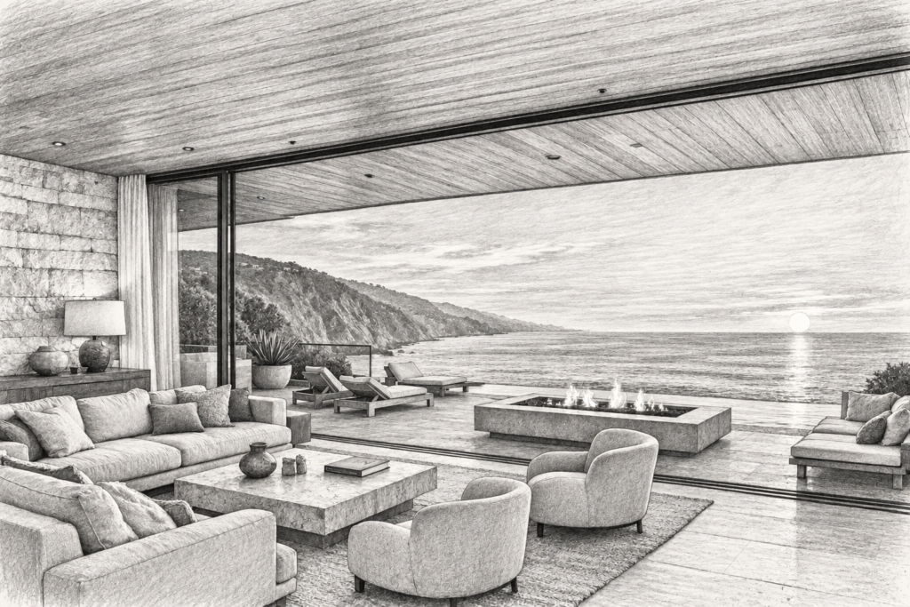 Open living room with a deep roof plane, seating and a panoramic ocean view.