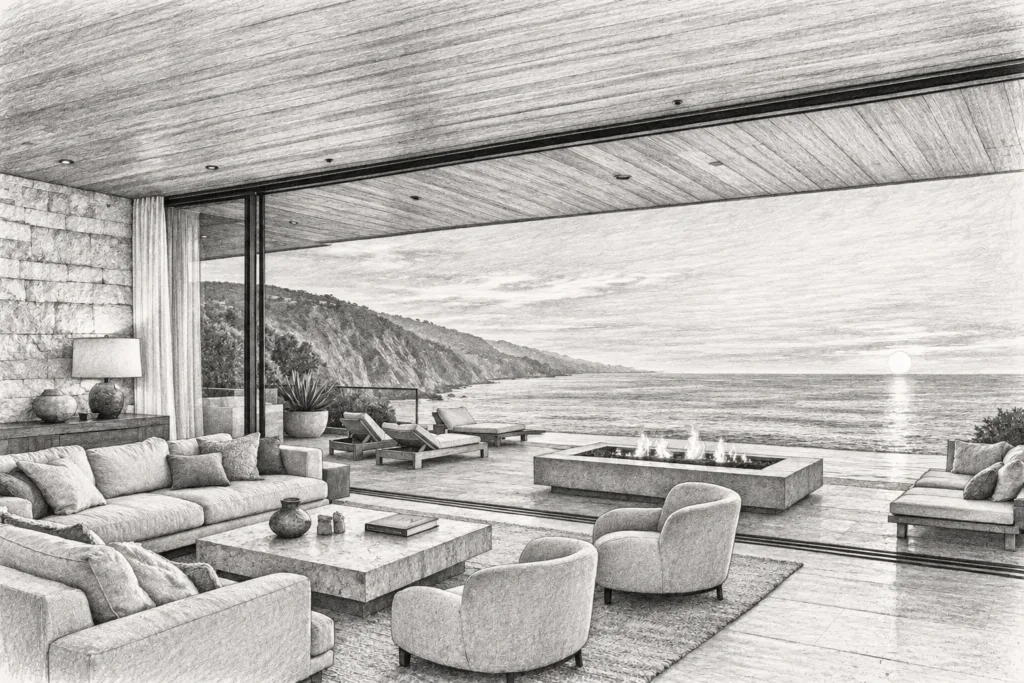 Real Estate Brokerage Startup Partnerships: Co-Build Advantage 1 Open living room with a deep roof plane, seating and a panoramic ocean view.