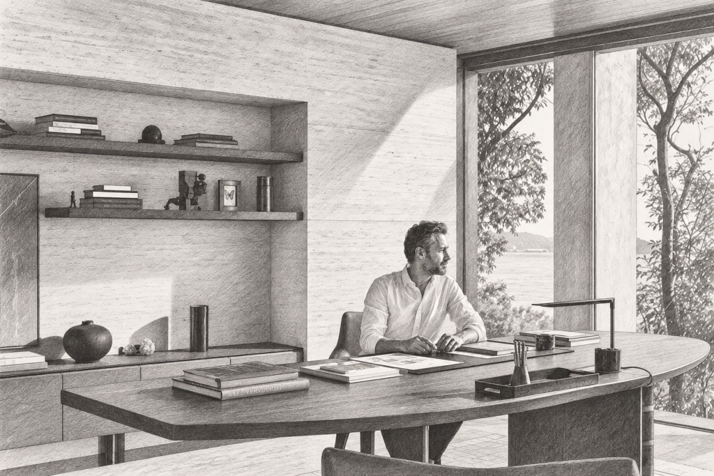 Person seated at a desk in a bright room.