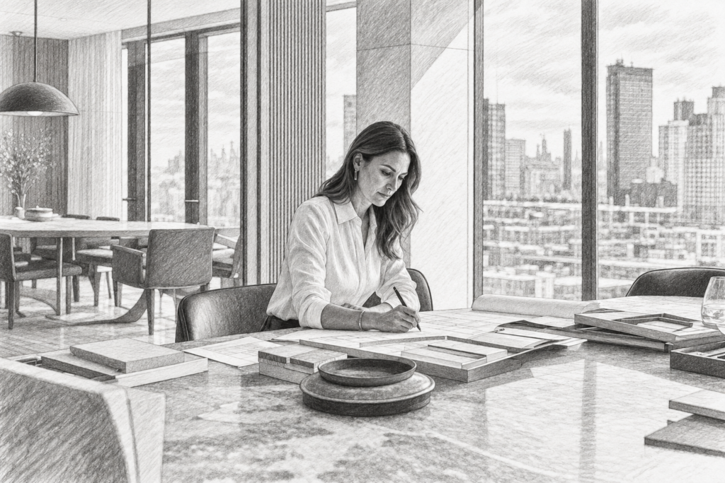 Real Estate Agent Calendar Audit Leverage: 3X Hourly Rate 1 Woman writing at a table in a glass-walled living room.