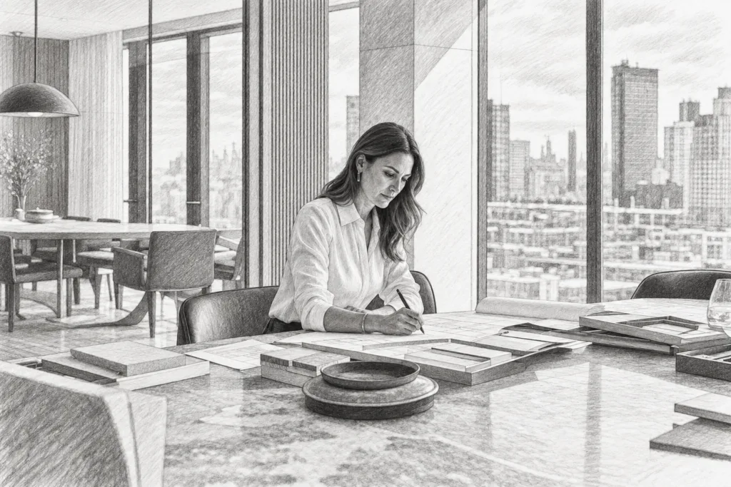 Real Estate Agent Calendar Audit Leverage: 3X Hourly Rate 1 Woman writing at a table in a glass-walled living room.