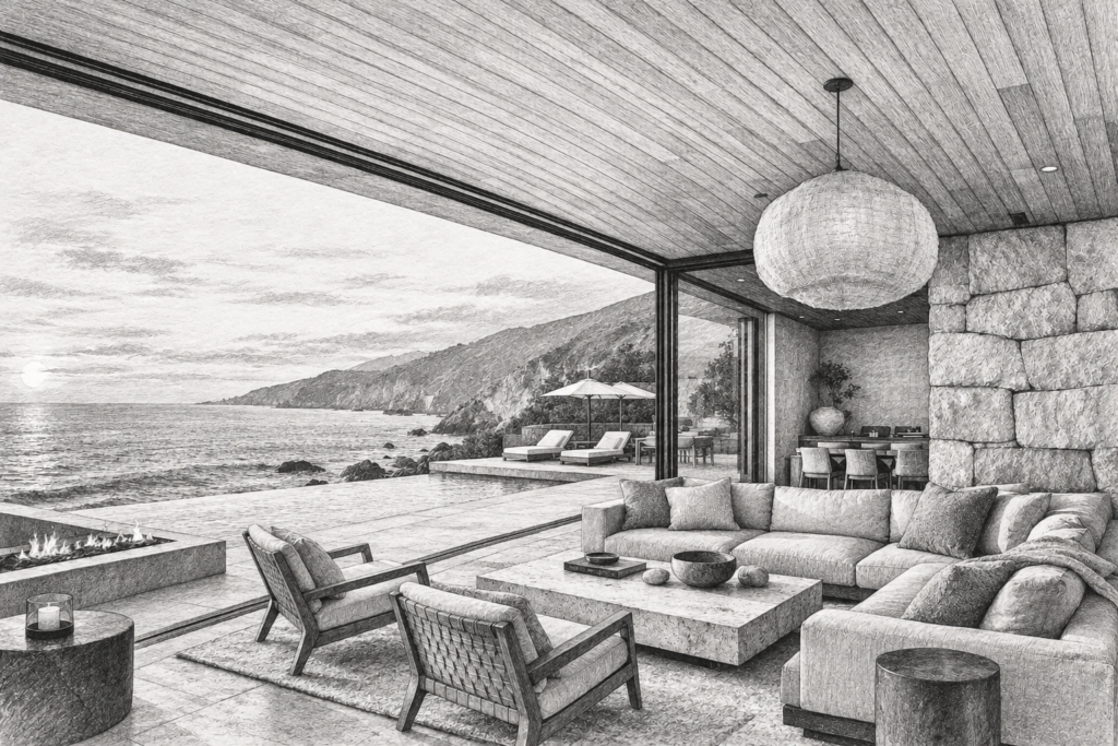 Open living room and dining area with broad glazing toward the ocean.