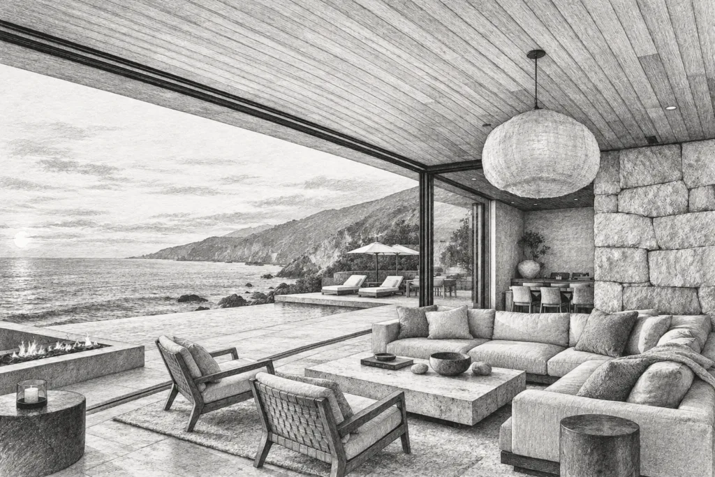 Open living room and dining area with broad glazing toward the ocean.