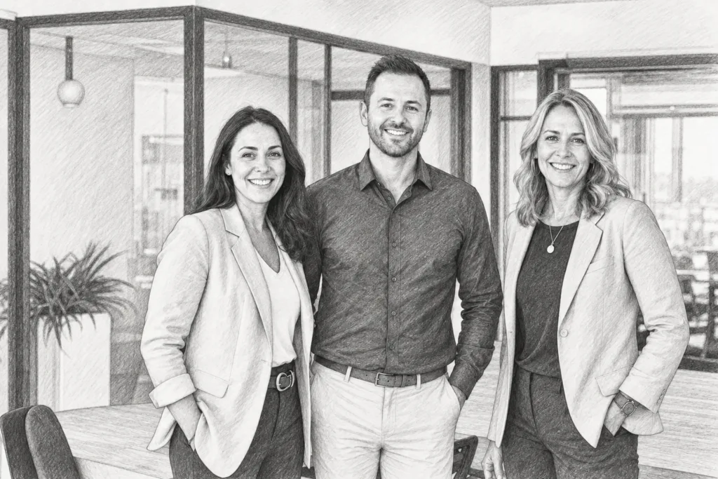 Luxury Real Estate Survey Dispute Resolution: Faster Closings 1 Three adults standing together in a bright interior.