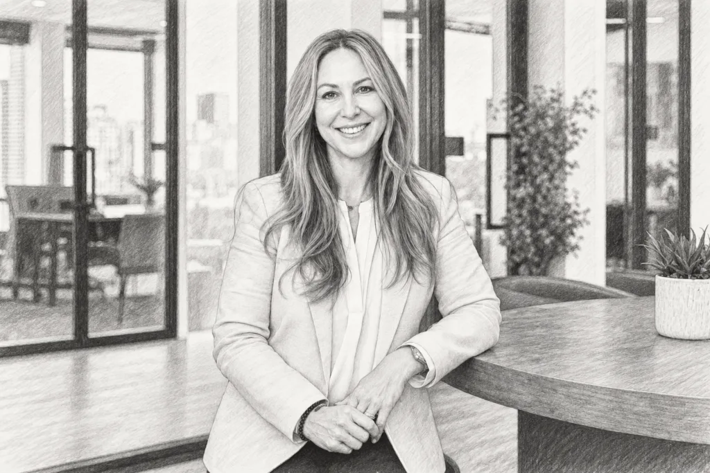 Smiling woman standing in a bright glass-walled interior.