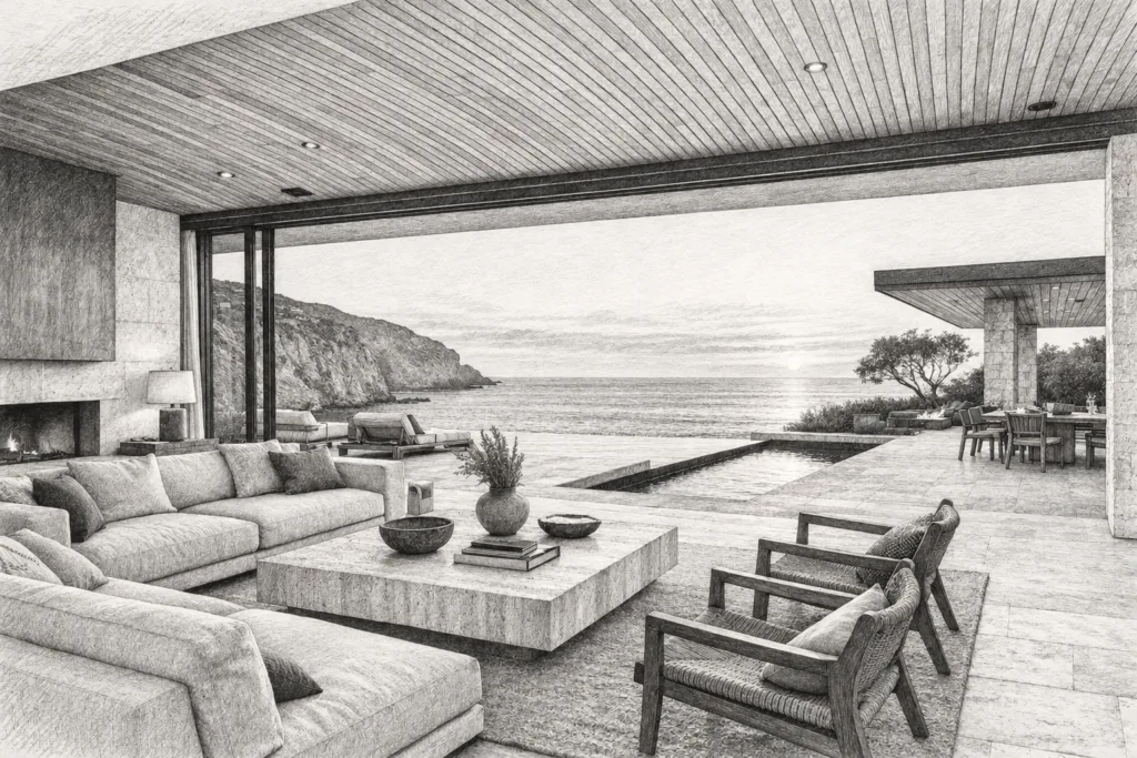Luxury Brokerage Client Experience Vision As A Competitive Moat 1 Open-plan living room with seating and a view through large windows.