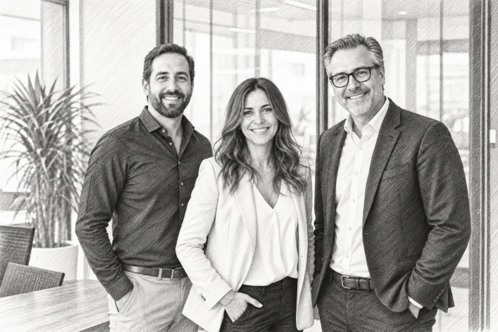 Why Luxury Real Estate Showing Choreography Wins Buyers 1 Three adults posing together in a bright interior.