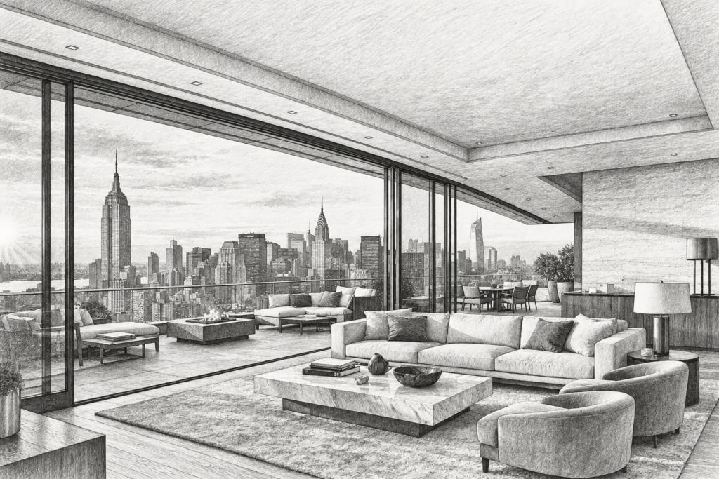 Luxury Real Estate Service Levels By Client Complexity 1 Open living room with a fireplace and broad glazing toward a city skyline.