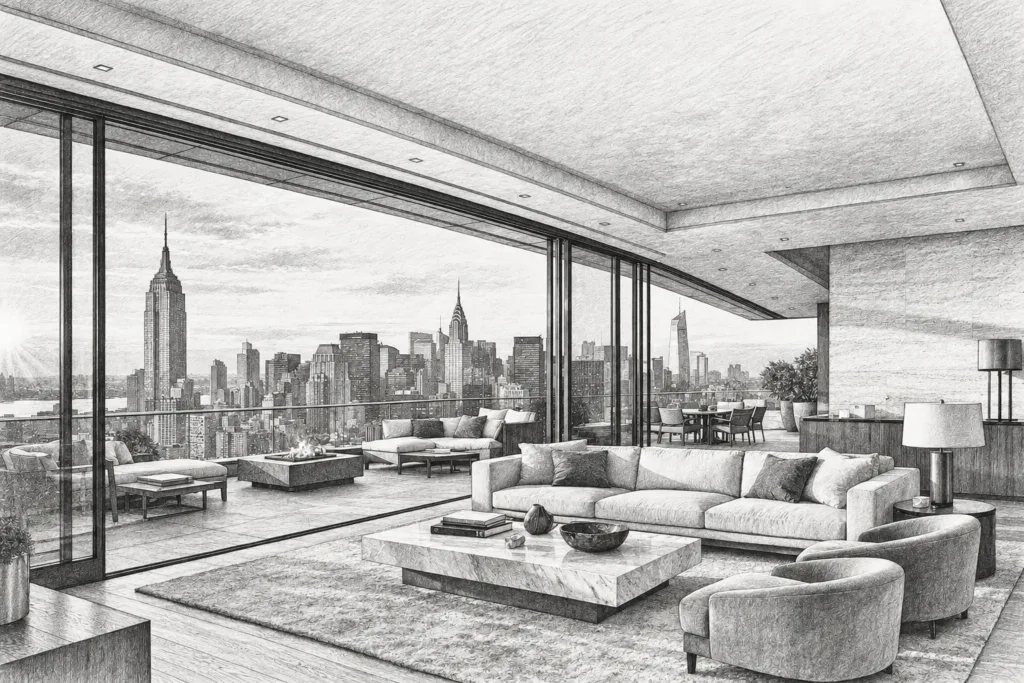 Luxury Real Estate Service Levels By Client Complexity 1 Open living room with a fireplace and broad glazing toward a city skyline.