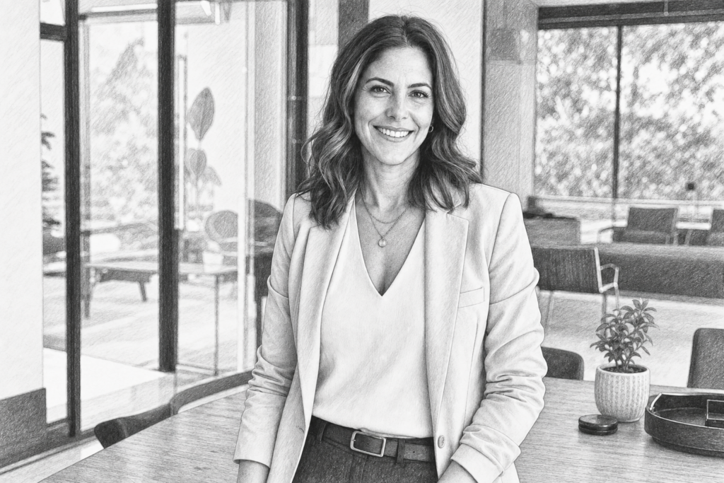 Smiling woman standing in a bright interior.