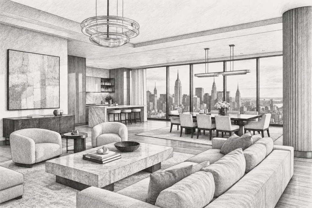 Open-plan living room with city skyline through glass walls.