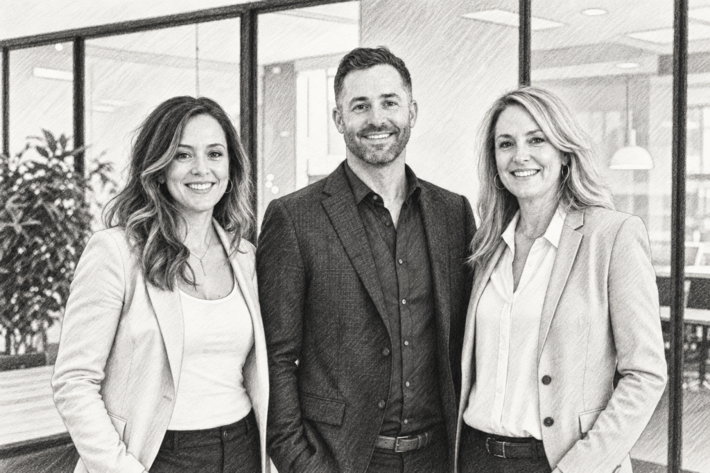 Three professionals standing together in a bright glass-walled interior.