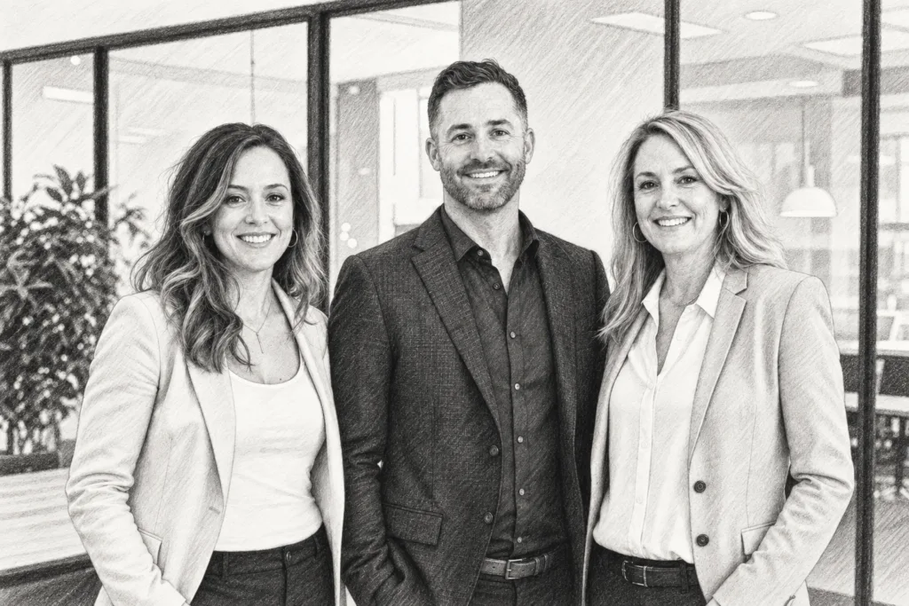 Luxury Real Estate Contingency Contract Language That Survives 1 Three professionals standing together in a bright glass-walled interior.