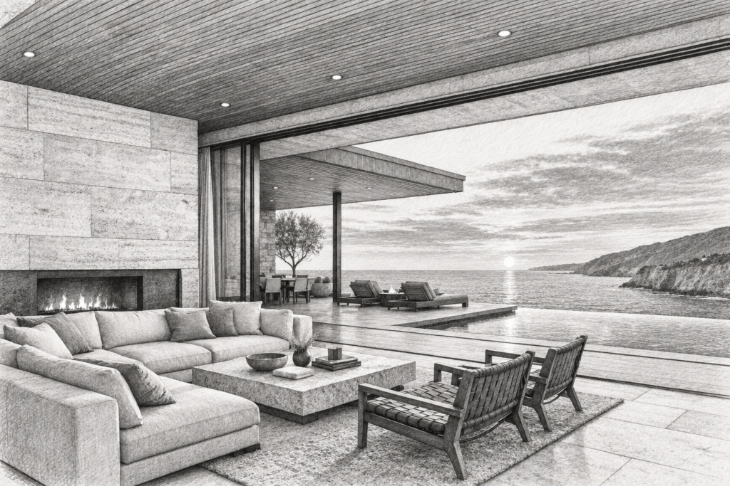Luxury Real Estate Agent Time Blocking For Scalable Growth 1 Open-plan living room with seating and a view through large windows.