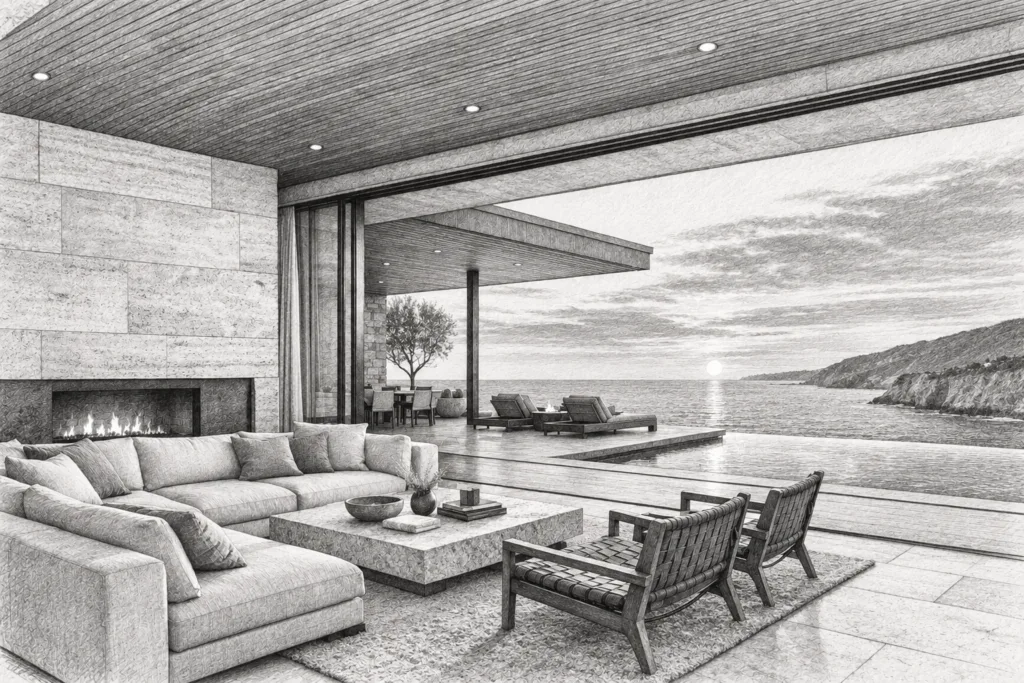 Luxury Real Estate Agent Time Blocking For Scalable Growth 1 Open-plan living room with seating and a view through large windows.