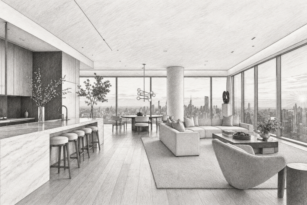 Team Accountability Levels Real Estate: Stop Miscalibrating Agents 1 Open living room and kitchen with broad glazing toward a city skyline.