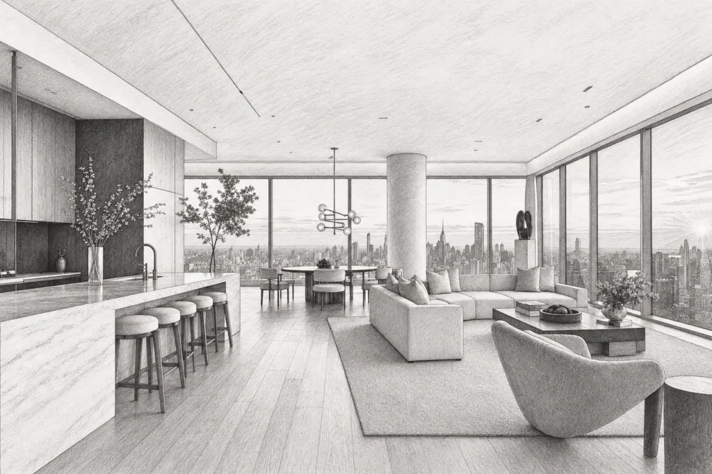 Team Accountability Levels Real Estate: Stop Miscalibrating Agents 1 Open living room and kitchen with broad glazing toward a city skyline.