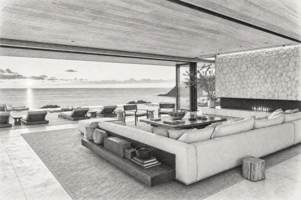 Luxury Real Estate Client Feedback Systems For Scale 1 Open-plan living room with water view.