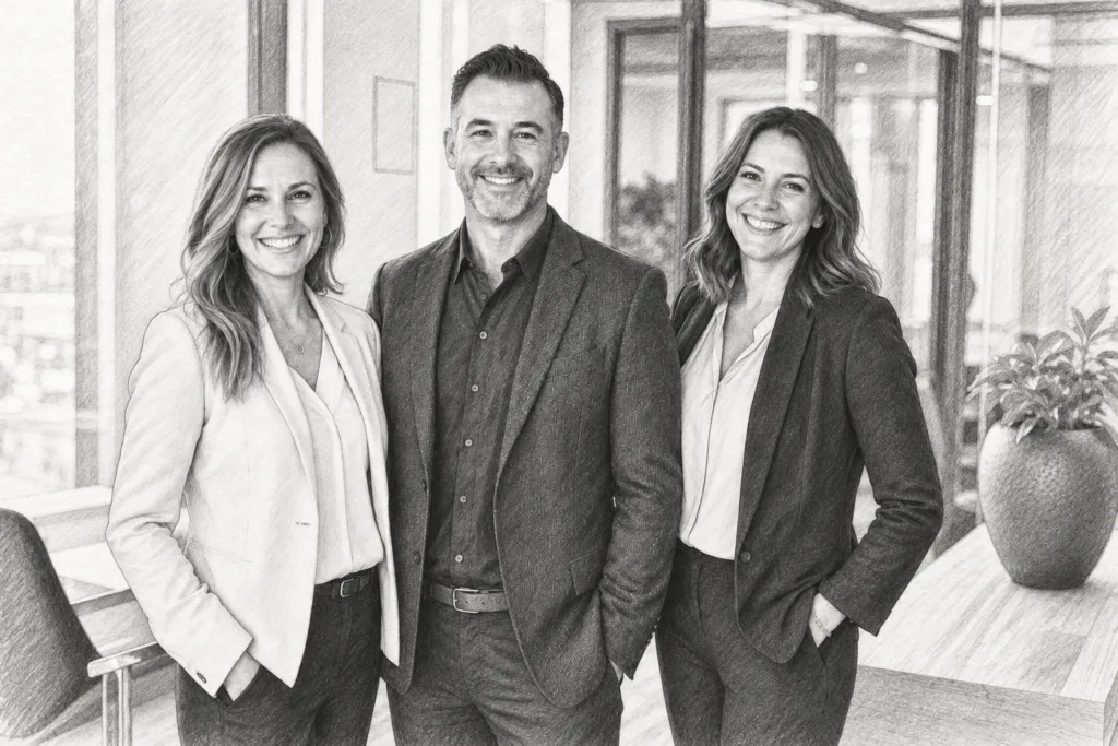 Real Estate Commission Split Renegotiation Thresholds That Win 1 Three professionals standing together in a bright residential interior.