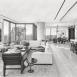 Open-plan living room with a living area, kitchen and large windows.