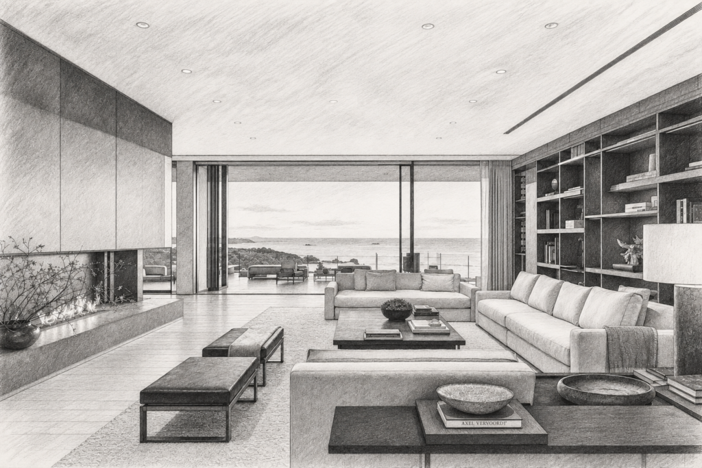 Luxury Real Estate Agent Personal Brand Strategy For Invisible Authority 1 Open living room with a fireplace and city skyline beyond broad glazing.