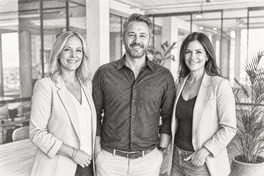 Three adults standing together indoors.