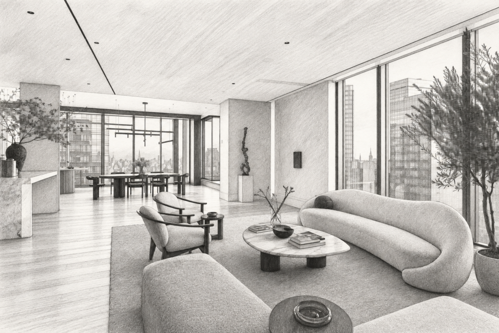 Why Real Estate Marketing Approval Standards Protect Luxury Teams 1 Open living room with a sculptural sofa and panoramic city view.