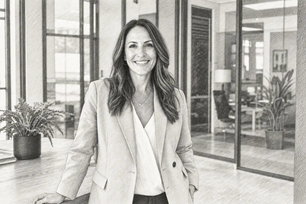 Smiling woman standing in an open-plan interior.
