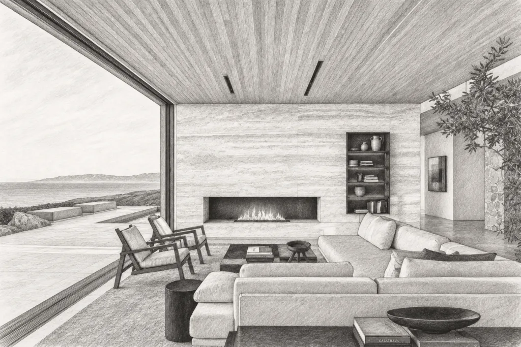 Open-plan living room opening to a water view.
