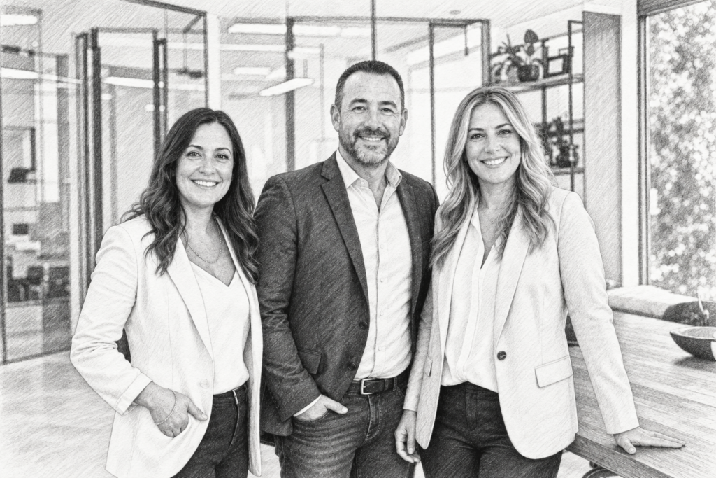 Luxury Real Estate Strategic Offsite: Two-Day Scale Plan 1 Three professionals standing together in a bright interior.