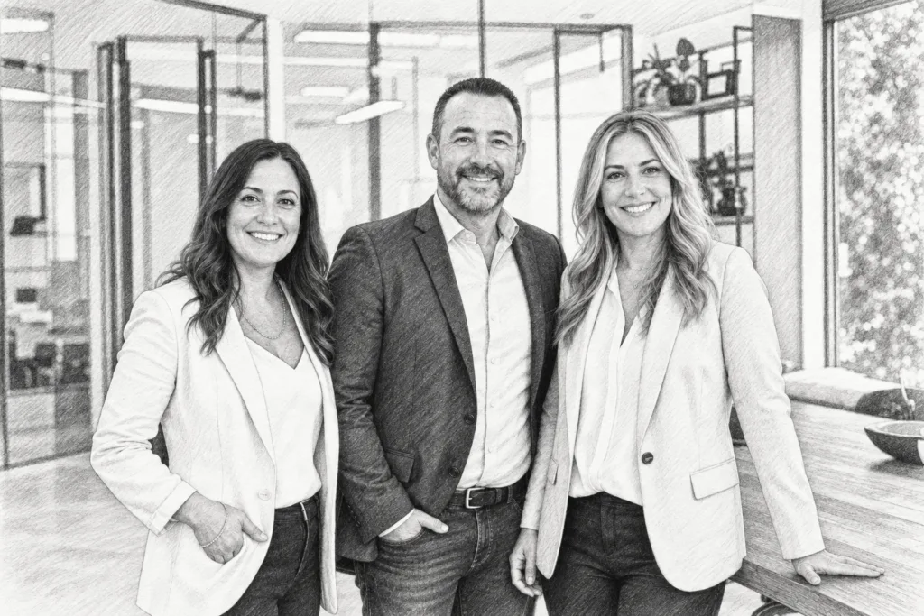 Three professionals standing together in a bright interior.