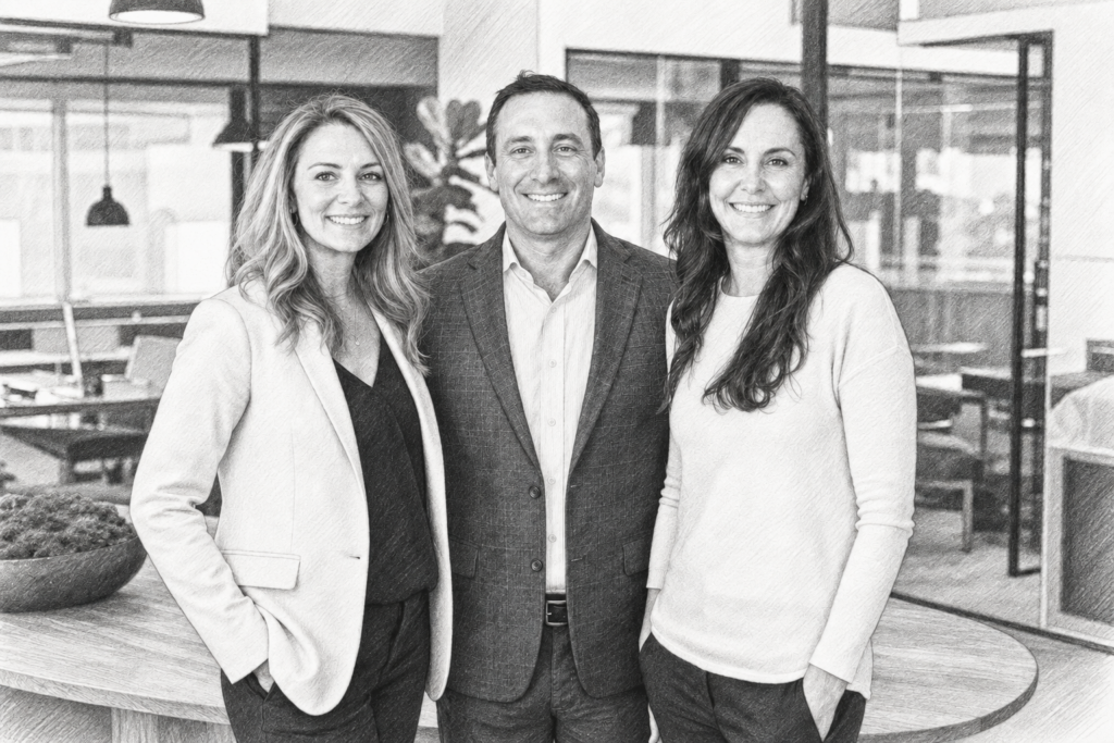 Three adults standing together in an open-plan interior.