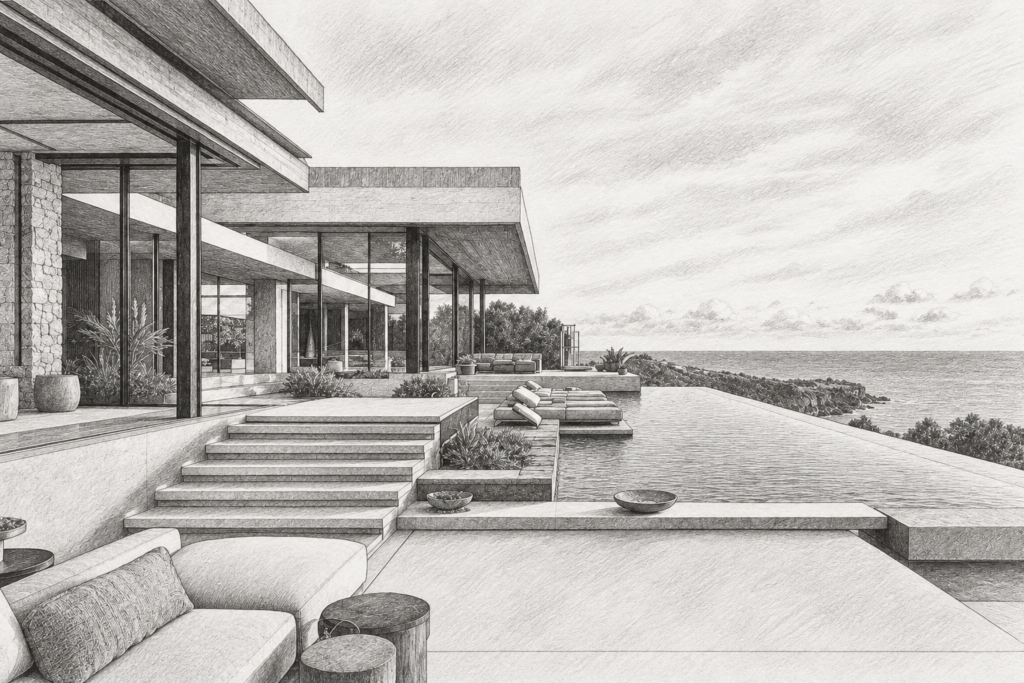 Luxury Real Estate Cultural Fit Hiring That Scales Brokerage Growth 1 Living room opening to a terrace with water beyond.